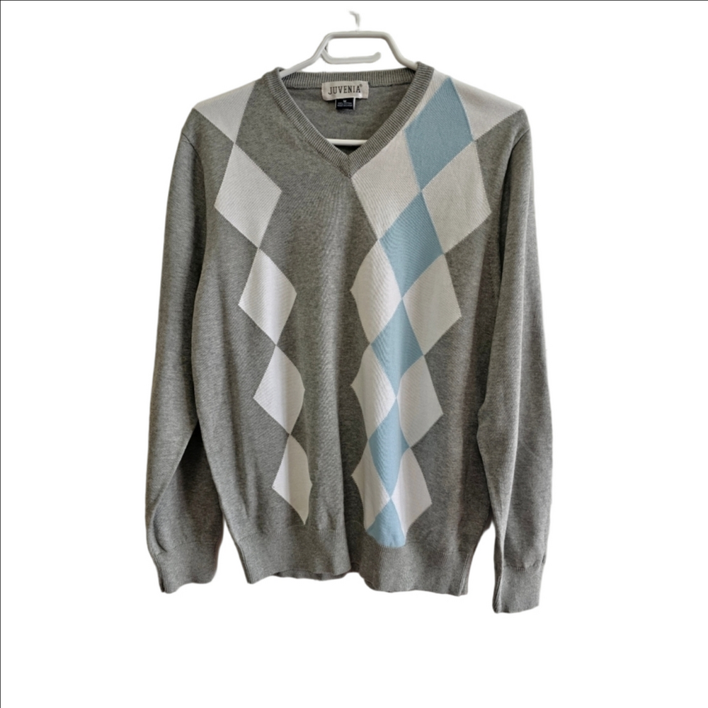 100% Cotton Preppy Argyle V-Neck Sweater M